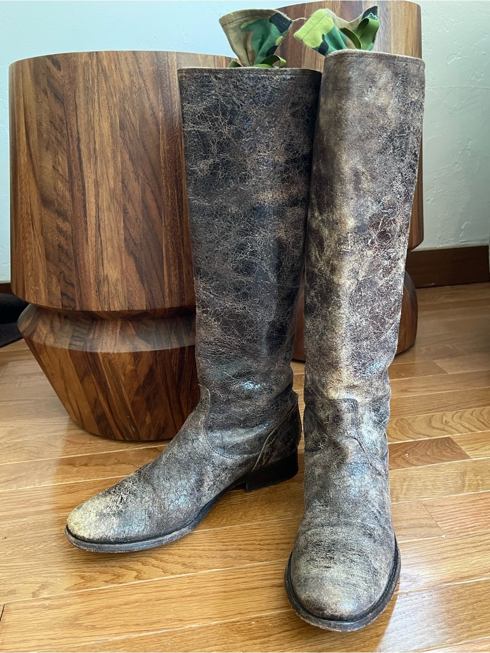 🤩 Frye Distressed Leather Knee-High Boots - Brown Gray Patina. EUC.